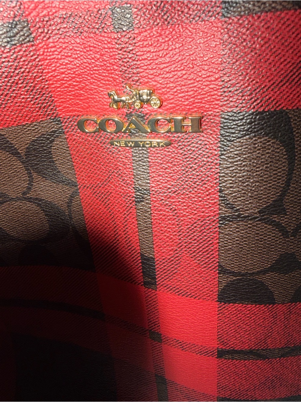 Coach Red and Brown Plaid Signature Tote Bag - Picture 5 of 6